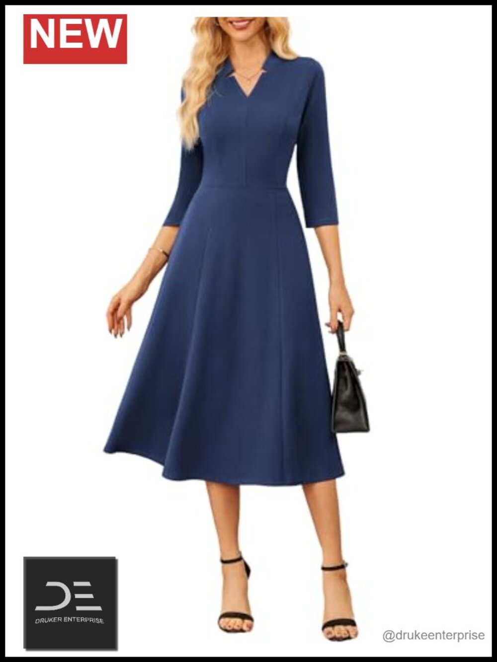 Fit and Flare V-Neck 3/4 Sleeve Midi Work Church Dress with Pockets